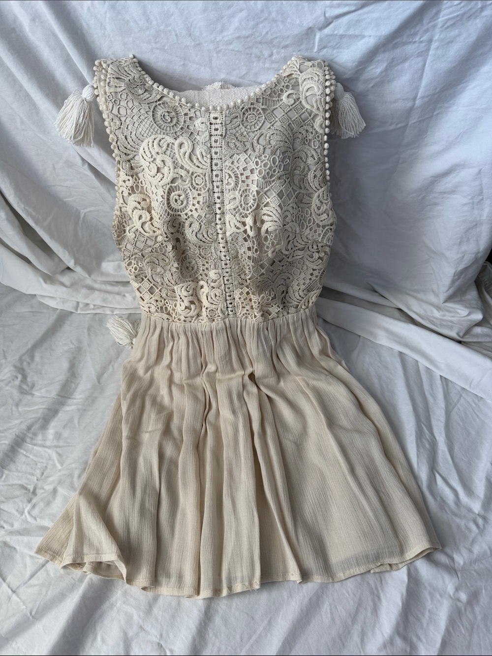 Alya Cream Lace Bodice Mini Dress with Tassel Shoulders